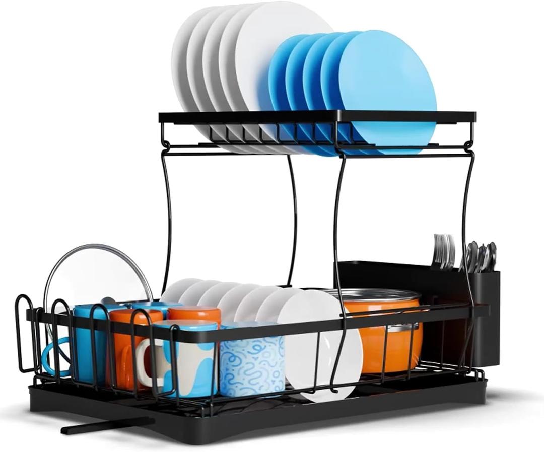 2-Tier Dish Drying Rack for Kitchen Counter, Dish Drainers for Kitchen Sink with Utensil Holder and Cutlery, Black Dish Rack from Stainless Steel with Rust Resistant, Space Saving, Size 17''L x 12''W