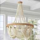 28-inch White Boho Chandelier Large Wood Beaded