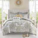 Madison Park Reversible Cotton Comforter Set, All Season Bedding, Matching Bed Skirt, Decorative Pillows, Queen(90"x90"), Isla, Floral Medallion Yellow 8 Piece