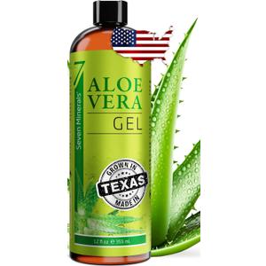 Seven Minerals Organic Aloe Vera Gel from freshly cut 100% Pure Aloe - Big 12oz - HighestQuality, Texas grown, Vegan, Unscented - For Face, Skin, Hair, Sunburn relief