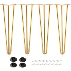 16 Inch Hairpin Legs Metal - 1/2 Dia 3 Rods Design - Mid Century Furniture Table Legs, DIY Furniture Hairpin Feet Gold for Nightstand, Coffee Table and TV Stand, Set of 4