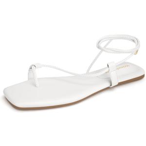 Women's Lace Up Sandals Strappy Flats Gladiator Wrap Flip Flop Tie Open Ring Toe Summer Shoes (8, White)