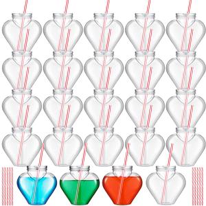 10 oz Valentine's Day Heart Shaped Cups with Lids and Straws Plastic Heart Drink Bottle Clear Plastic Tumblers Clear Drinking Cocktail Cups for Valentine's Day Birthday Party (24 Pcs)
