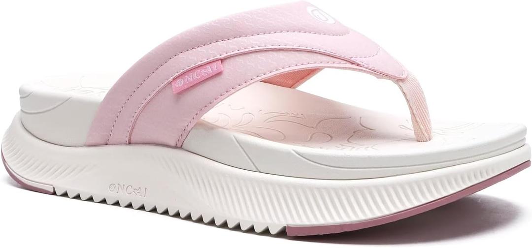 ONCAI Orthopedic Flip Flops Women with Arch Support Ladies Orthotic Recovery Sandals 2025 Comfortable Plantar Fasciitis Slip On Walking Sandal for Womans Indoor Casual Summer PinkWhite Size 9.5