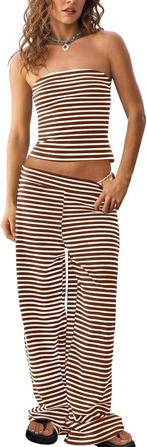 Womens Striped 2 Piece Sets Summer Strapless Crop Tube Tops Wide Leg Pants Matching Lounge Set Vacation Outfits Brown XS