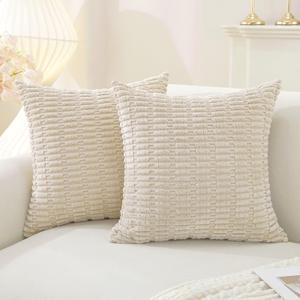 YSTELLAA Set of 2 Corduroy Decorative Throw Pillow Covers 16x16 Inch, Boho Striped Pillow Covers Farmhouse Home Decor for Sofa Living Room Couch Bed,Beige