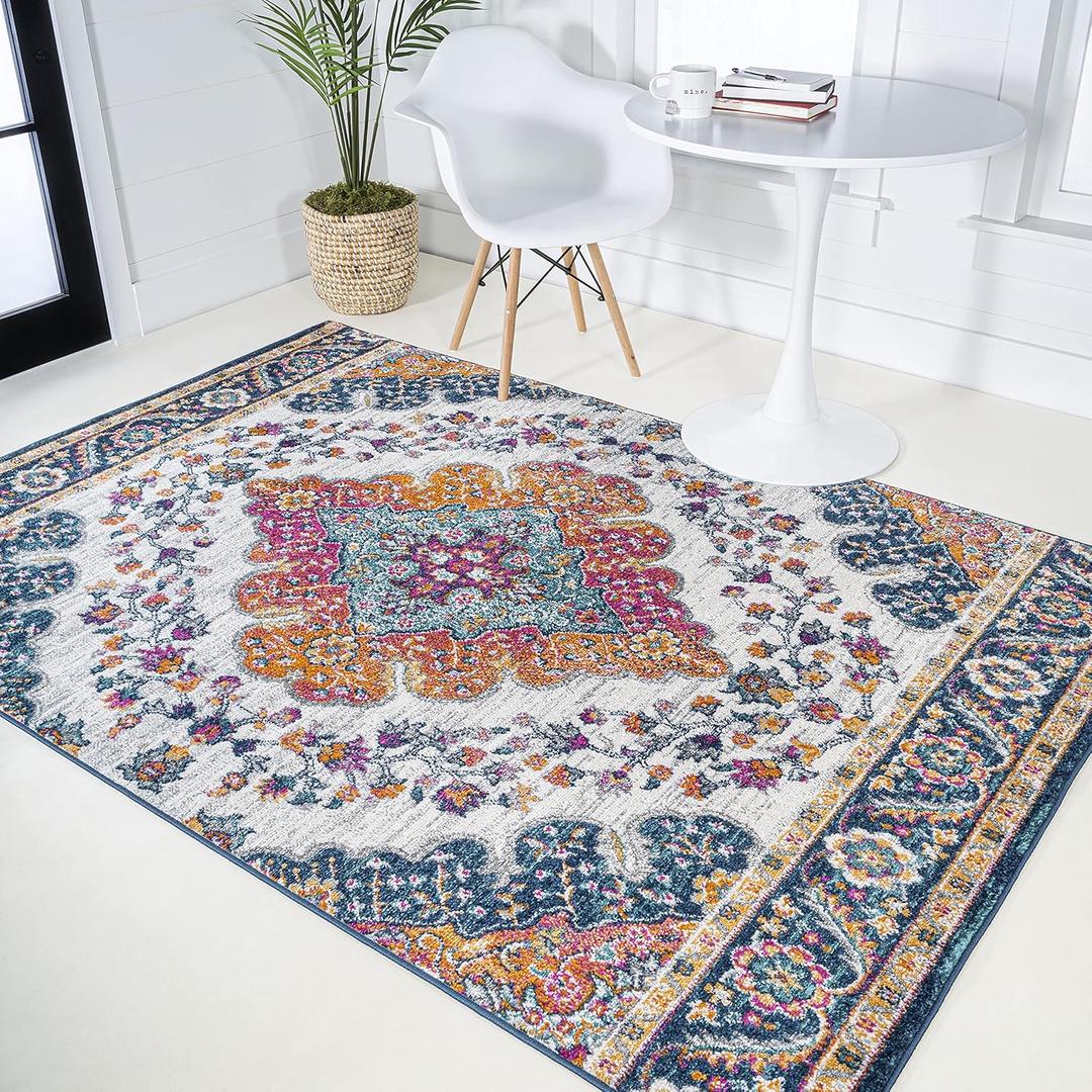 JONATHAN Y Boho Vintage Blue/Multi Indoor Area Rug, 9x12, Bohemian Flair Medallion, Floral Easy-Cleaning High Traffic for Living Room, Bedroom, Kitchen, Pet-Friendly, Non-Shedding (BMF106A-9)