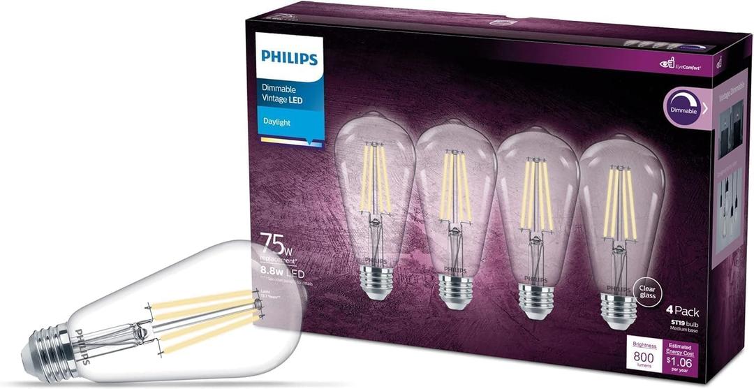 PHILIPS Vintage Clear Spiral ST19 Dimmable LED Light Bulbs - E26 Bulb - Flicker-Free Light Bulb with EyeComfort Technology - Daylight 5000K Lightbulb - 800 Lumen - 4 Pack