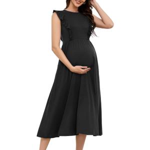 OUGES Womens 2025 Spring Hidden Zipper Nurisng Dress for Breastfeeding Casual Sleeveless Ruffled Midi Maternity Dress (Large, Black)