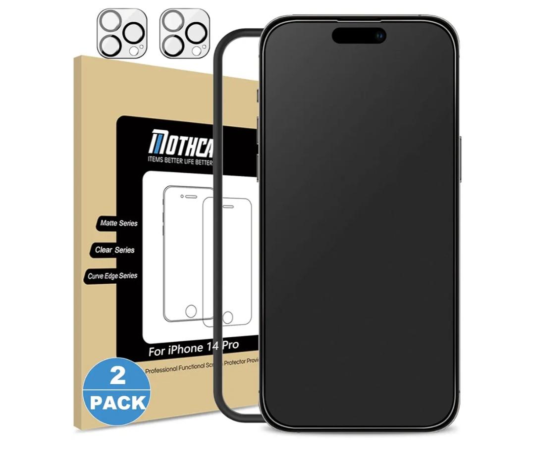 Mothca 2 Pack Matte Glass Screen Protector for iPhone 14 Pro [6.1 inch] with 2 Pack Camera Lens Protector, Anti-Glare & Anti-Fingerprint Tempered Glass Film, Case Friendly Bubble Free Smooth as Silk