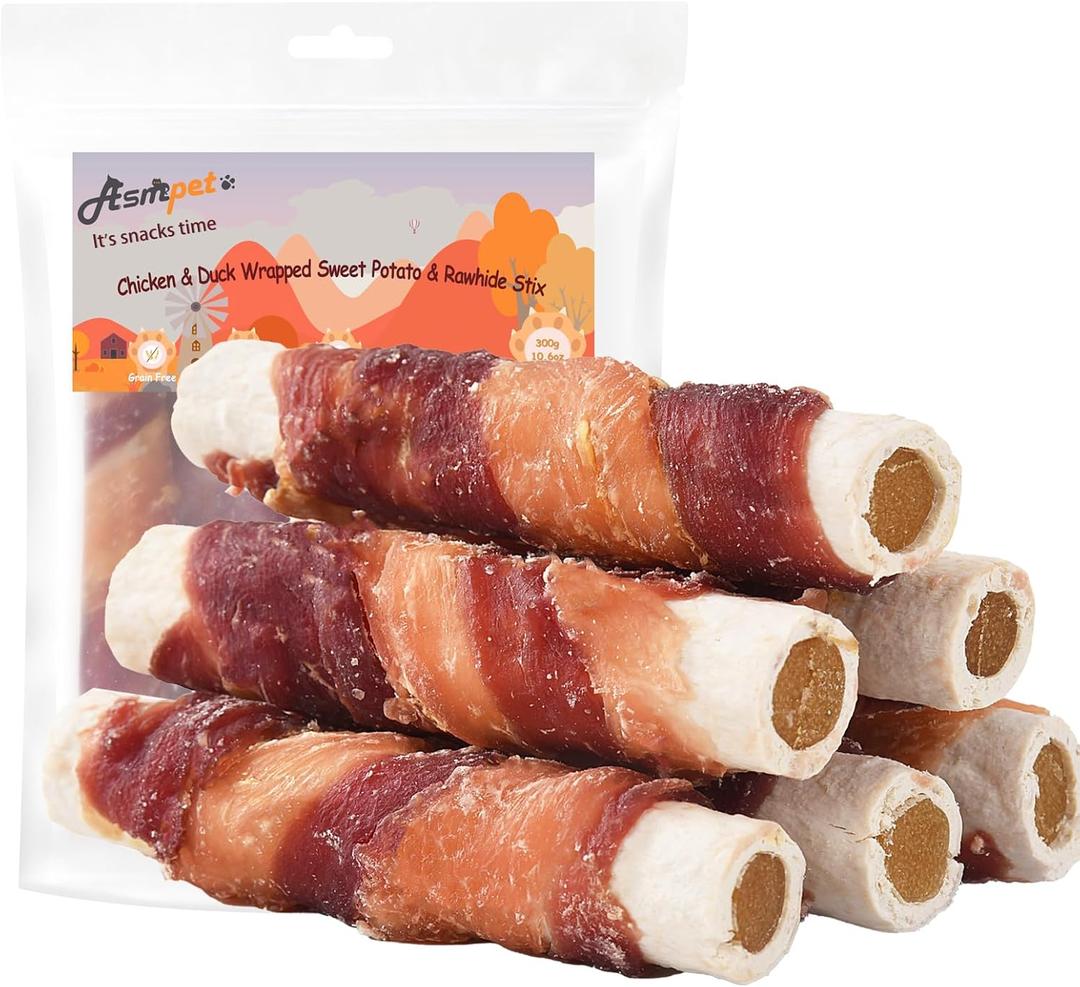 ASMPET Dog Treats Bones, Chicken Duck Wrapped Rawhide Sweet Potato Sticks for Small Medium Large Dogs (EXP 02/21/27)