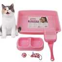 PAWISE Small Cat Litter Box,14.3 x 10.6 x 2.5 Kitten Litter Box Starter Kit,Low Entry Baby Kitten Training Litter Box with Scoop, Bowls,Cat Mouse Toy and Ball Toy,First Catty Owner Essentials(Pink)