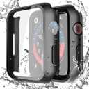 Misxi 2-Pack Waterproof Hard Case with Tempered Glass Compatible with Apple Watch SE 3 SE 2 SE Series 6 Series 5 Series 4 44mm, Ultra-Thin Protective Cover for iWatch Screen Protector, Matte Black