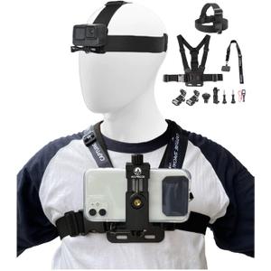 Phone Chest Mount Head Strap Accessories - Vlogging Kit for iPhone, POV Phone Holder Compatible With iPhone 16 Pro Max Plus 15 14 - Hands Free Body Camera Mount for Immersive Fishing Video Recording
