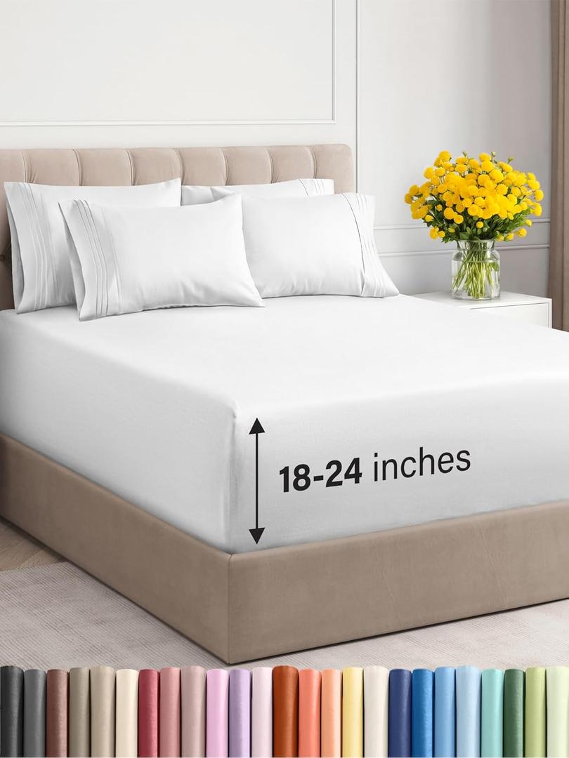 Extra Deep Cal King Sheet Set - 6 Piece Breathable & Cooling Sheets - Hotel Luxury Bedding Set w/18-24 Inch Extra Deep Pockets - Easy Fit - Super Soft, Wrinkle Free and Comfy - White, Cal King Size