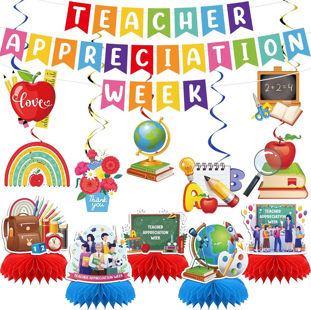 Teacher Appreciation Banner Decorations - 15 Pcs Happy Thank You Teachers Day Week Party Supplies Pre-strung Banners Hanging Swirls Honeycomb Centerpieces Decor Set for School Classroom