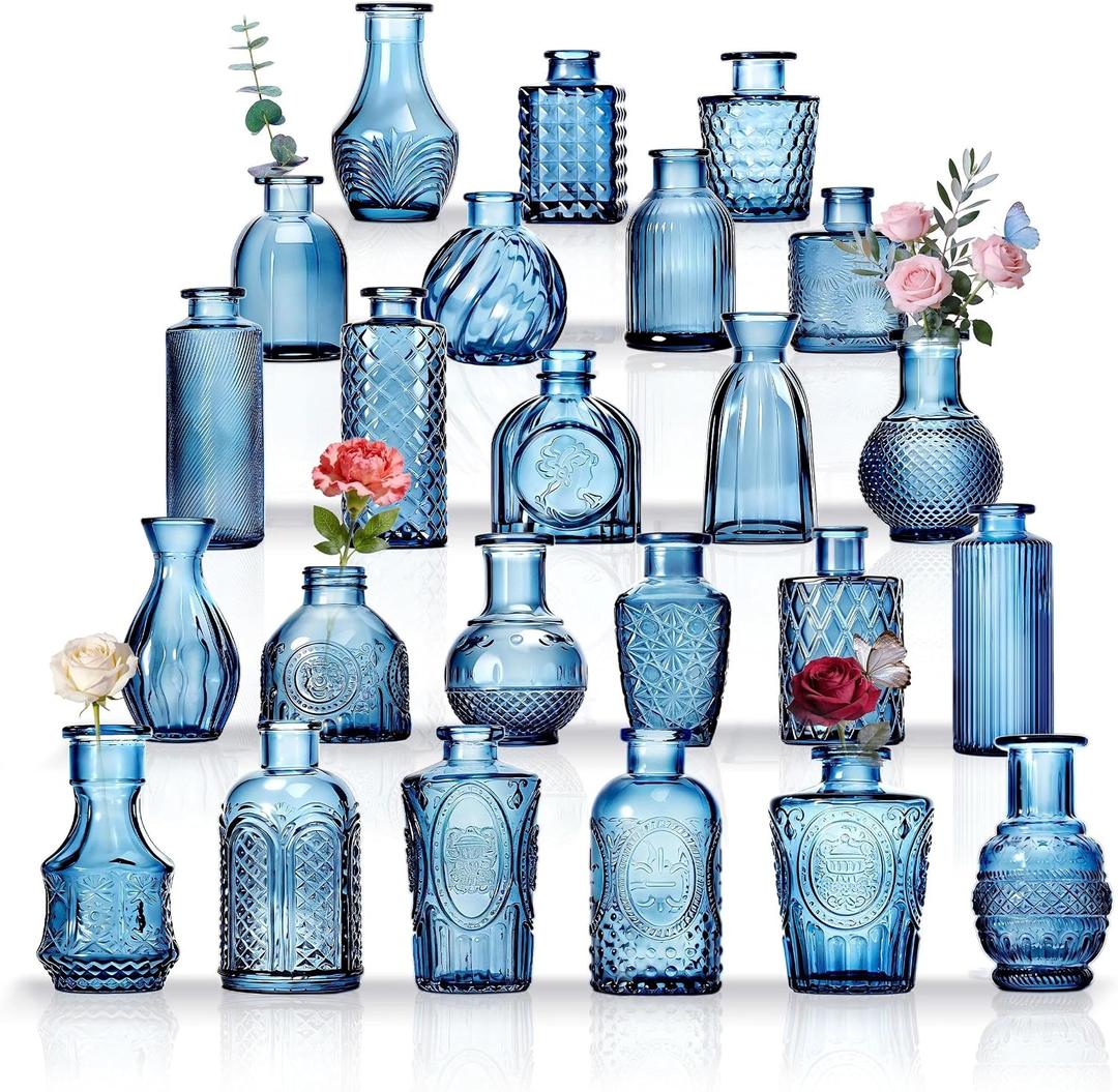  24PCS Mini Bud Vases As Wedding Centerpieces for Tables,Clear Bud Vases for Flowers,Small Flower Vases Suitable for Birthday Party,Anniversary,Wedding Reception,Baby Shower (Blue, 24PCS)