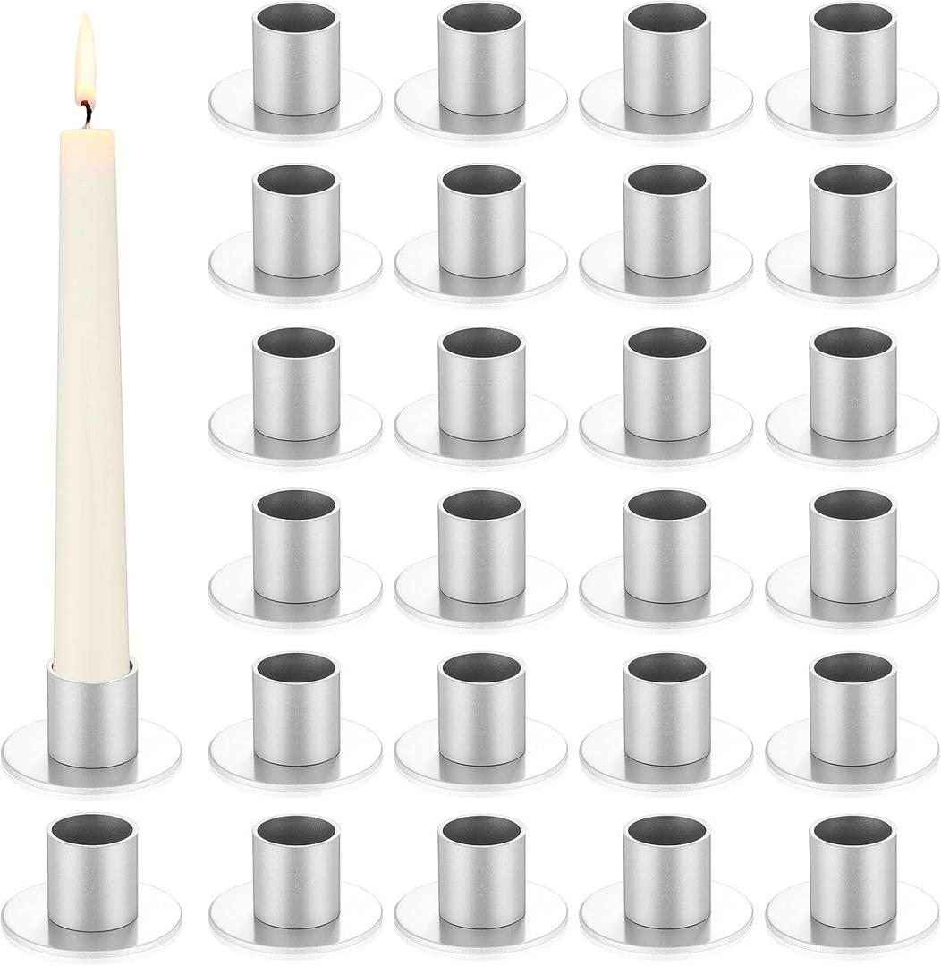 24 Pcs Taper Candle Holders Bulk for Pillar Candles Metal Taper Candlesticks Holders Centerpieces Short Candle Stick Holder Decor for Table Centerpieces Wedding Decor Dinner Party(Silver)