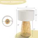 Booniture Boho Bamboo Table Lamp, Handwoven Bedside Lamp with Linen Shade, Small Natural Weave Nightstand Light for Living Room, Tea Room, Desk,White