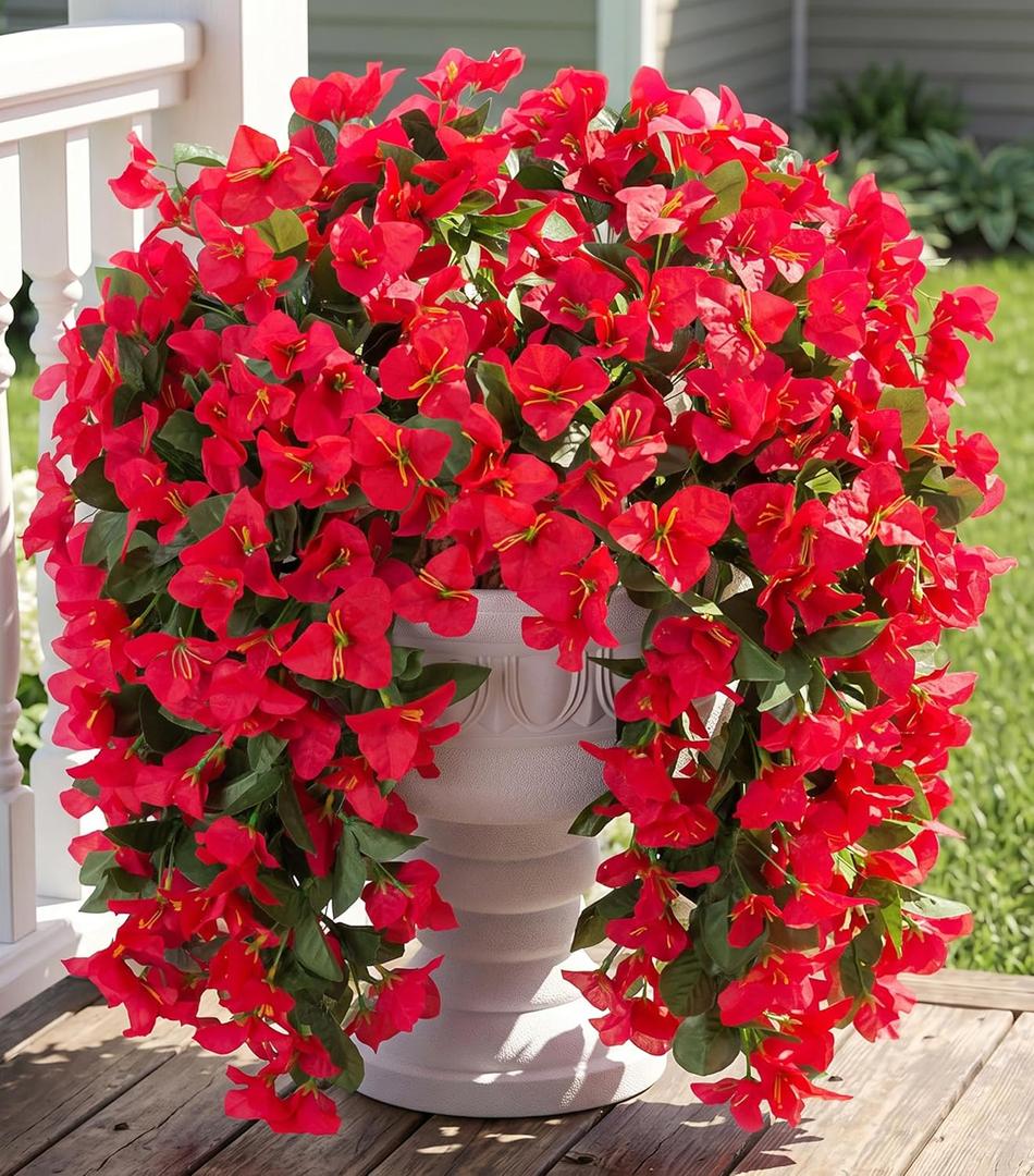 Faux Bougainvillea Artificial Flowers Plants for Outdoor Outside Decoration, 2 PCS Red Fake Flowers UV Resistant Look Real Silk Long Trailing Vines for Front Door Porch Planter Urn Patio Garden Yard