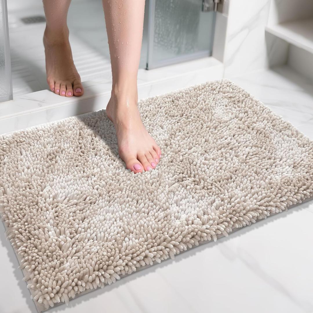 Yimobra Bathroom Rug, Chenille Extra Soft and Absorbent Shaggy Bath Mat, Non Slip, Machine Washable Dry, Plush Floor Carpet for Tub, Shower and Bath Room (31.5 Inches X 19.8 Inches, Khaki)