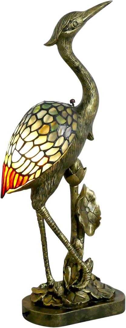 Tiffany Lamp Blue Stained Glass Crane Bird Style Table Lamp Desk Light 23.6 Inch Tall Vintage Tiffany Table Lamp for Bedroom Living Room Home Office, Color Changing LED Bulb Included