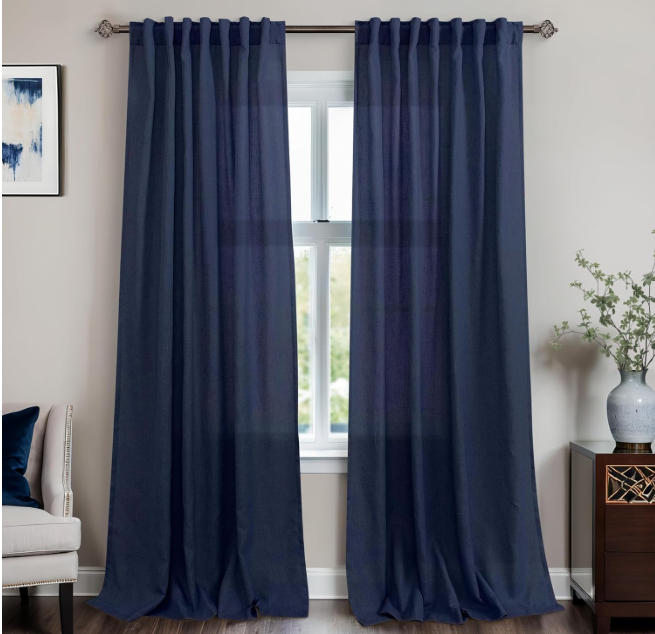 Mrs.Naturall Navy Blue Linen Curtains 34x95  Inches Long for Living Room 2 Panel Rod Pocket Bedroom Drapes Light Filtering Semi Sheer Dark Blue Indigo Colored Curtain for Patio Sliding Door
