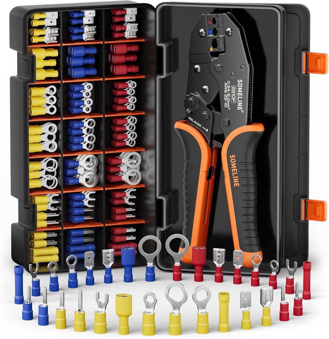 SOMELINE Wire Terminals Crimping Tool, with 30 Sizes Insulated Ratcheting Terminals Crimper Kit of AWG 22-10 Insulated Electrical Butt Bullet Spade Fork Ring Spade Splice Crimp Terminals