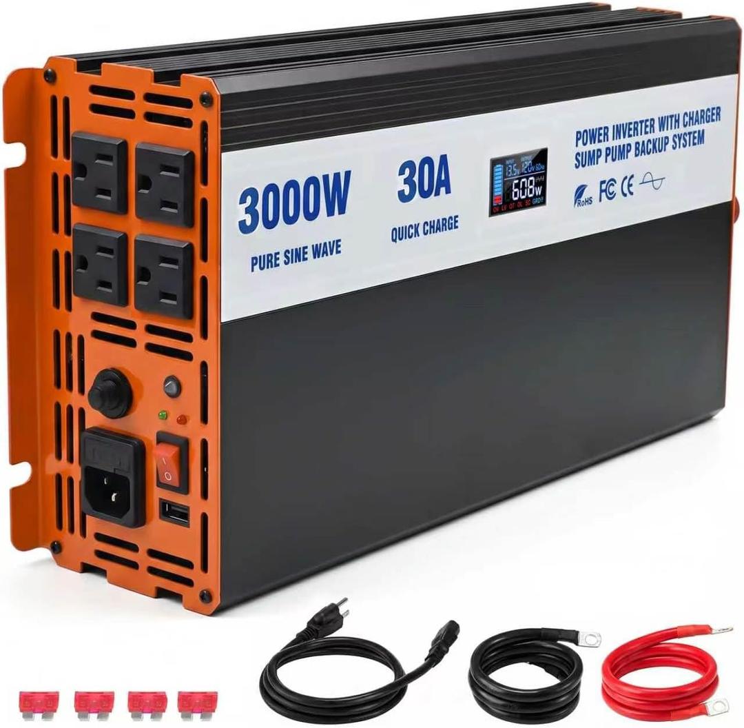 Sump Pump Battery Backup System, 3000W Pure Sine Wave Inverter with LCD Display, Auto Switches to Battery Power for Continuous Sump Pump Operation, for Basement Flood Protection&Power Outage Emergency