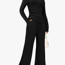 BeautyNee Women's 2 Piece Loungewear Long Sleeve Crop Top Wide Leg Pants Set Tracksuits Casual Outfit Sweatsuit, Black, Medium
