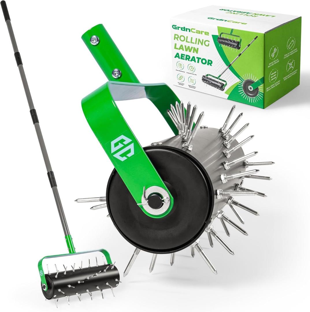 Manual Lawn Aerator Roller Tool 42 Steel Spikes, 57-in Rolling Lawn Aerator