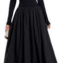 Women Long Sleeve Fall Maxi Dress Casual Square Neck Wedding Guest Long Formal Dress with Pockets (Black, S)