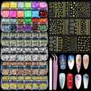 Artdone Nail Art Glitter Studs Kit, 6 boxes Multicolor and Design 3D Charms With 15 Sheets Gold Nail Stickers, Diamond Cute Nail Jewels For DIY Decoration with Pickup Tools