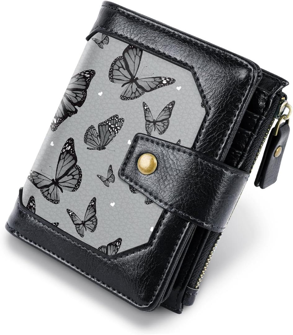 Women Leather Wallet RFID Blocking Small Bifold Zipper Pocket Wallet Card Case Purse with ID Window, Black Butterflies