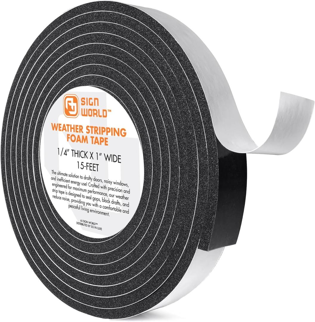 1/4in x 1in Weather Stripping Foam Insulation Tape, Doors, Windows, Sliding Door, A/C, Soundproofing, Draft Stopper, Shock Absorption (1/4" T x 1" W x 15 Ft L)