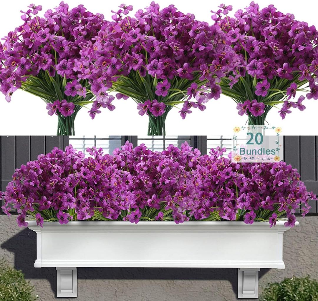 20 Bundles Artificial Flowers for Outdoors, UV Resistant Fake Realistic Flowers with Plastic Plants Spring Decor, Faux Silk Flowers for Outside Window Box Front Porch Planter Decor-Purple