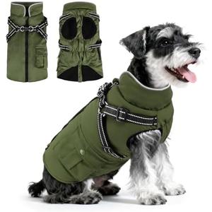 Dog Winter Coat with Harness Built-in | Waterproof Dog Jacket with Zipper & Fleece Lining | Reflective Cold Weather Coat for Small Medium Large Dogs, M