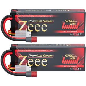 Zeee Premium Series 2S Lipo Battery 5200mAh 7.4V 120C Hard Case Batteries with T Plug for 1/8 1/10 RC Vehicles Car Trucks Airplane Boats(2 Pack)