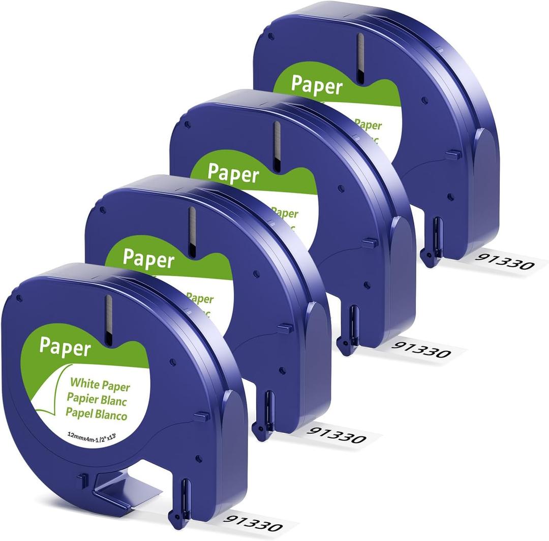 Compatible for Dymo Letra Tag Label Maker Refills, 91330 White Paper Label Tape 1/2" x 13' for LT-100H LT-100T Plus 200B XR QX50, Replacement for Dymo LetraTag Refills, Office Labeling Tapes 4-Pack