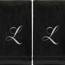 Monogrammed Towels Fingertip, Personalized Gift, 11 x 18 Inches - Set of 2 White Embroidered Towel - Extra Absorbent 100% Cotton - Soft Velour Finish - For Bathroom/ Kitchen/ Spa - Initial L (Black)