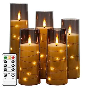 Kakoya Flameless LED Candles with Timer 5 Pc Flickering Flameless Candles for Romantic Ambiance and Home Decoration Stable Acrylic Shell,with Embedded Star String，Battery Operated Candles（Grey）