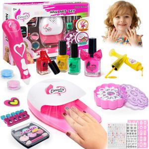 Kids Nail Polish Set for Girls, All-in-One DIY Nail Art Salon Kit with Nail Dryer, Glitter Pen & Nail Pens, Non-Toxic Washable Polish, Birthday Gift Toys for Girls Ages 5-12
