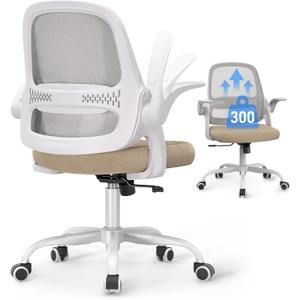 Ergonomic Mesh Office Chair for Home Office, Flip-Up Arms, Breathable Mesh Back & Thick Seat Cushion, Swivel Rolling Computer Desk Chair – BIFMA Certified, Supports 300 lbs (White Frame/Beige Seat), Oversized