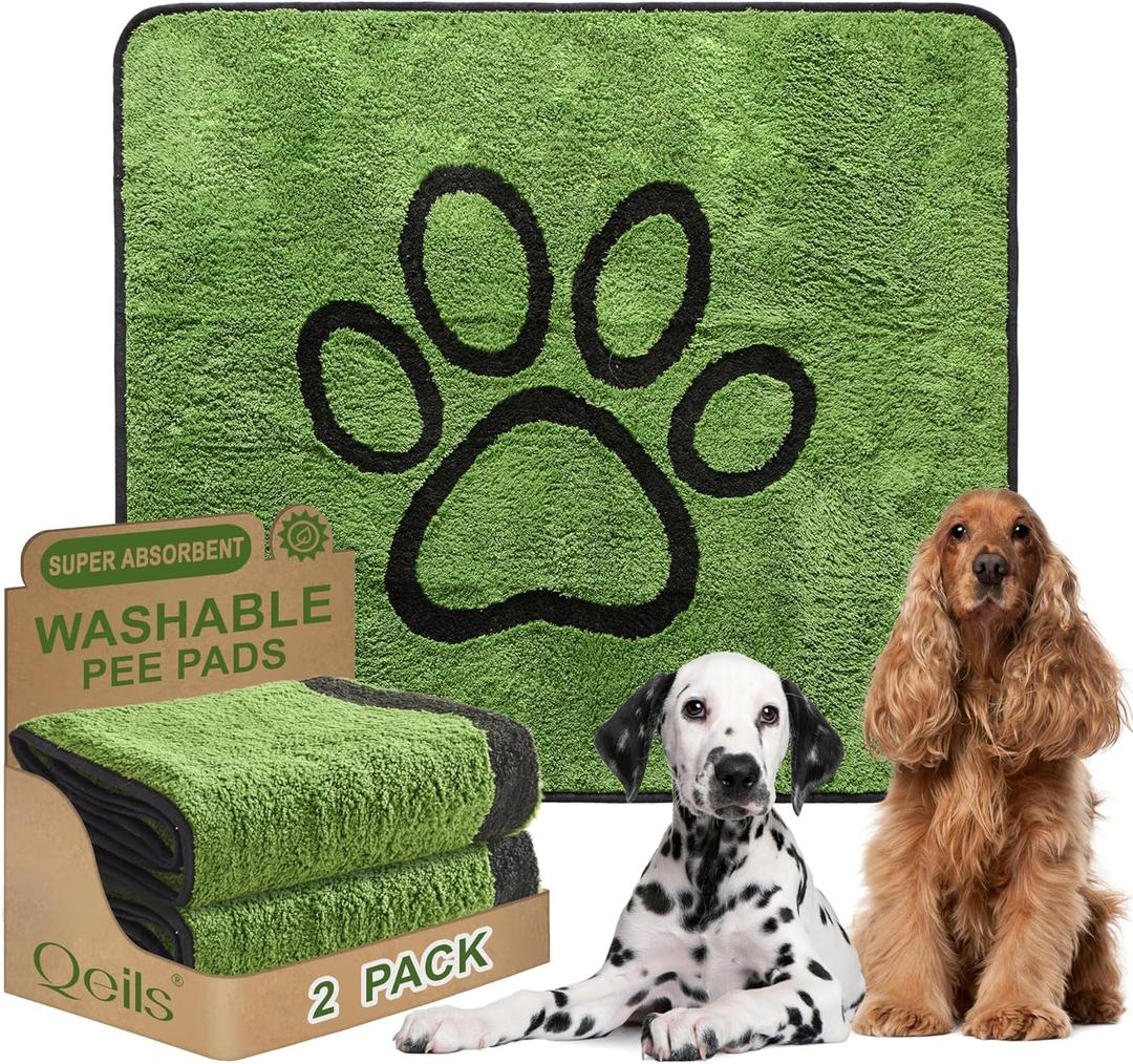 Qeils Reusable Dog Pee Pads, 2 Pack Super Absorbent & Leakproof Washable Puppy Pads with Soft Green Top Layer, for Potty Training, Crates, Couch, Car Seats & Pet Beds, 48"x 48"