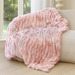 Faux Fur Blanket, Throw Blanket for Couch, Fluffy Blanket with Stretch Ruched Design, Ultra Soft Giftable Home Decor, 50x60 inches, Tie-Dyed in Pink