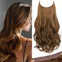 SARLA Invisible Wire Hair Extensions with 3 Clips Long Wavy Curly Synthetic Hairpiece for Women Adjustable Transparent Headband 16 Inch Chestnut