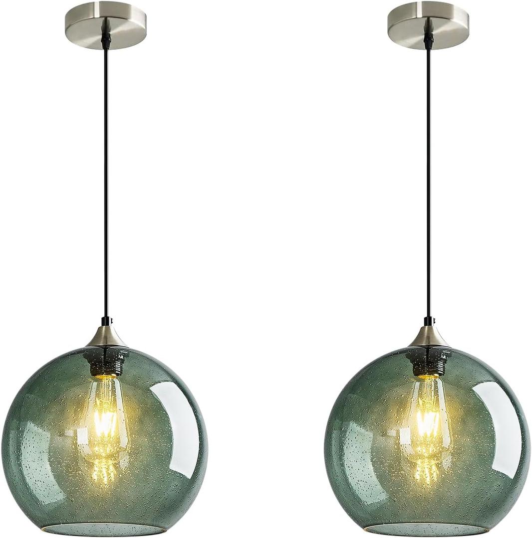 Modern 2-Pack Glass Globe Pendant Lights, Gray Green Modern Pendant Lighting for Kitchen Island, Glass Hanging Lamps for Dining Room Living Room Bedroom, Large 9.85 Inch Fixture (Bulbs Not Included)
