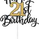21st Birthday Cake Topper, Happy 21st Birthday Cake Topper, 21 Cake Topper for Him or Her, Black and Gold Glitter Cake Decoration for 21st Birthday Decorations, Men Women Adult Birthday Party Decor