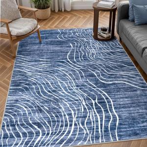 LIVEBOX Modern Abstract 5x7 Area Rugs for Living Room, Navy Blue Washable Rugs for Bedroom, Non-Slip Minimalist Neutral Wave Striped Rugs for Playroom Nursery Boys, Throw Rug Carpet for Dining Room