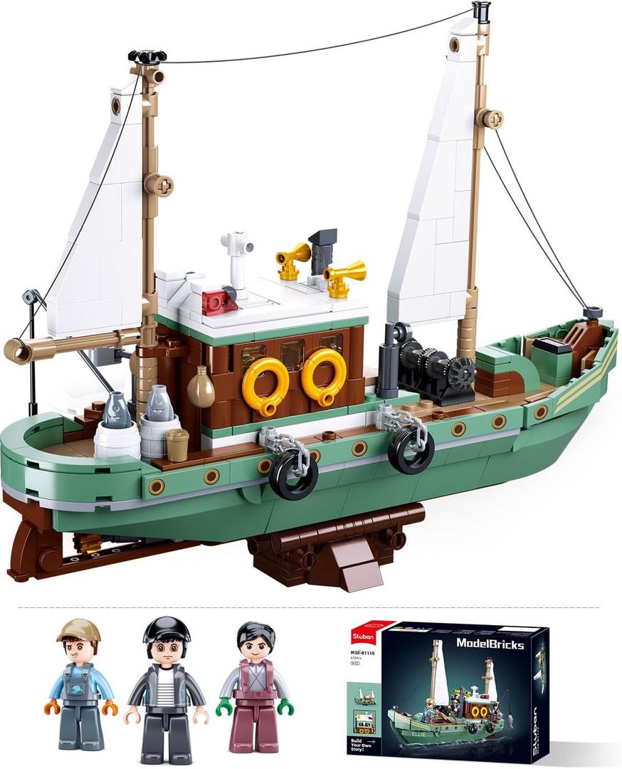 City Fishing Boat Building Kit with 3 Fisherman Minifigures, Ship Building Sets with Fishing Rods & Buckets, Christmas Birthday Gifts Toys for Kids Aged 6-12, Compatible with Lego Boat, 610 PCS